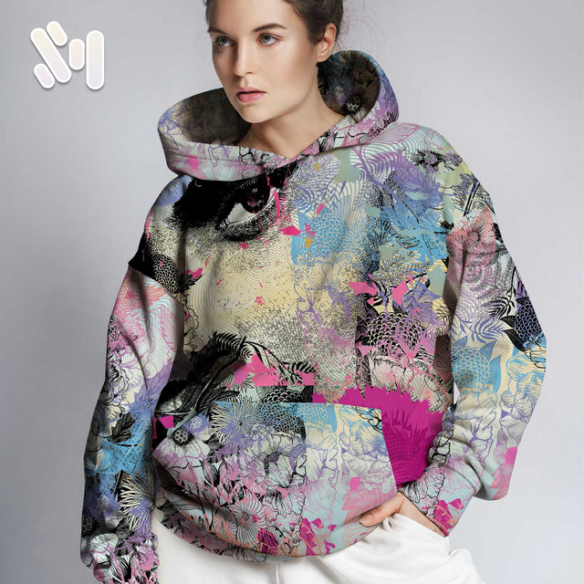 Female model wearing a graphic hoodie